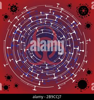 Panneau de danger biologique du virus Corona sur fond rouge Illustration de Vecteur