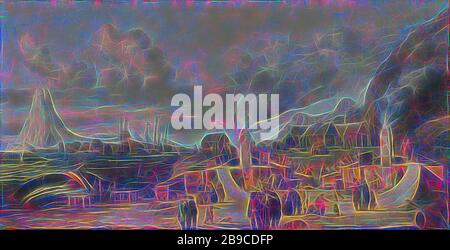 La raffinerie de pétrole des baleines près du village de Smerenburg Whale-Oil, une usine de la société ou du Groenland nordique sur l'île d'Amsterdam, à l'extrémité nord du Spitzberg (Svalbard), Smeerenburg sur Spitsbergen fut un règlement des baleiniers hollandais. Le peintre n'a jamais été là et combiner des images et des histoires de ce qu'il savait. La montagne sur la gauche est probablement celle de l'île de Jan Mayen (Beerenberg), aux côtés de la baleine' mâts. À la déchirure dans le four à proximité de la plage, des morceaux de bacon haché baleines sont cuits sur les tranches et transformés en liquide. Sur le côté gauche de la plage est une baleine carca Banque D'Images