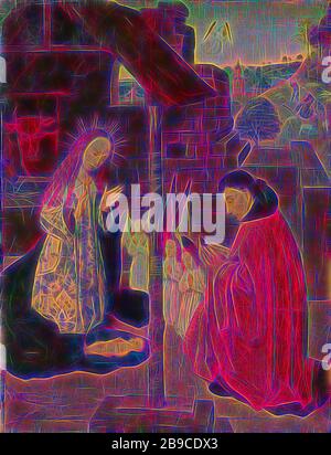 Naissance du Christ, naissance du Christ. Marie, trois anges et un fondateur (ou Joseph?) Pétrir dans le culte avec l'enfant du Christ qui ment sur le manteau de Marie sur le sol de l'écurie. Dans le paysage de fond, la proclamation aux bergers., maître du diptyque du Brunswick, c. 1490 - c. 1500, panneau, peinture à l'huile (peinture), support : h 45,3 cm × W 34,8 cm d 4,2 cm, repensé par Gibon, design de brillant gai chaud de luminosité et de rayons de lumière radiance. L'art classique réinventé avec une touche moderne. La photographie inspirée du futurisme, embrassant l'énergie dynamique de la technologie moderne, du mouvement, de la vitesse et Banque D'Images