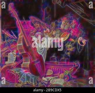 Still Life, toujours la vie avec instrument de musique, vaisselle et fruits. Sur la gauche, un cister, un luth, un violoncelle, un violon, un bagpipe, une trompette ou un klaxon, une flûte et une partitions de musique. Divers bocaux, plats et assiettes sont sur la table. Dans un panier de fruits, y compris raisins, citrons, melon, pommes et poires., Johann Friedrich Grueber, 1662 - 1681, toile, peinture à l'huile (peinture), h 153 cm × W 166 cm d 7 cm, repensée par Gibon, design de glanissement chaleureux et gai de lumière radiance. L'art classique réinventé avec une touche moderne. La photographie inspirée du futurisme, embrassant l'énergie dynamique de la tec moderne Banque D'Images