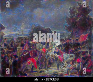 Le prince d'Orange changeant son cheval blessé lors de l'engagement à Boutersem, le remplacement du cheval blessé du prince d'Orange, plus tard le roi William II, lors de la bataille de Boutersem, 12 août 1831. Prince se dresse parmi les officiers et les soldats avec un cheval blanc piqueur. Sur la gauche un canon, sur la droite un tambour. Étude préliminaire pour la peinture de 1839, maintenant dans le Palais Royal d'Amsterdam, Boutersem, Willem II (roi des Pays-Bas), Cornelis Kruseman, 1837 - 1839, panneau, peinture à l'huile (peinture), h 31 cm × W 39 cm d 4 cm, repensée par Gibon, design de gaies chaudes Banque D'Images