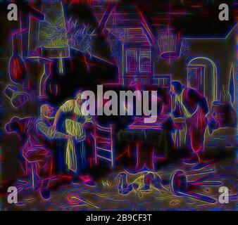 L'intérieur d'une auberge avec un vieil homme s'amusant avec la logeuse et deux hommes jouant au backgammon, connu sous le nom de "Deux enfants de jeux', Auberge de l'intérieur avec un vieil homme, qui s'empare de la logeuse. Derrière eux certains joueurs tramp et que l'homme. Le rendement est connu sous le nom de "double Play". Sur la gauche une grande cheminée au-dessus de branches qui sont accrochés au mur, un luth. Un chien est couché sur le sol près d'un tabouret tombé entre les coquilles et les moules, auberge, café, maison, etc, backgammon, tric-trac, femme en vol (d'un côté une cour), chien, feu ouvert, cheminée, Jan Havicksz. Steen (mentionne Banque D'Images