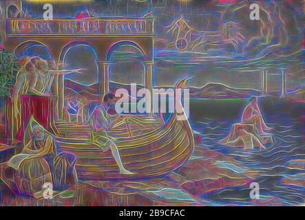 Le bâtiment de l'Argo, la construction du navire 'Argo'. Sur la gauche, le bateau est construit sur la plage, du quai un groupe d'Argonauts pointe sur la mer. Dans l'eau quelques baigneurs, dans la distance deux colonnes qui forment l'entrée de la baie. Apollo conduit sa voiture solaire dans le nuage, l'Argo est construit, parfois avec l'aide de Minerva, Apollo dans le char du soleil, dessiné par quatre chevaux, généralement précédé par Aurora tenant une torche, 'Carro del Sole' (Ripa), Antoon Derkinderen, 1901 - 1911, toile, tempera, h 65 cm × l 95,3 cm d 7,6 cm, repensé par Gibon, design Banque D'Images