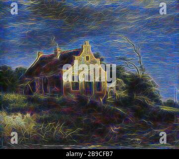 Ferme dans un paysage boisé de dunes, une ferme avec un pignon étagé dans un paysage de dunes. Devant la maison se tient un homme par la clôture, au premier plan un berger, une ferme ou une maison solitaire dans le paysage, Jacob Isaacksz. Van Ruisdael (école de), 1650 - 1750, panneau, peinture à l'huile (peinture), h 24 cm × W 28,5 cm d 4,5 cm, repensé par Gibon, conception d'un brillant chaleureux et joyeux de la luminosité et des rayons de lumière radiance. L'art classique réinventé avec une touche moderne. La photographie inspirée du futurisme, qui embrasse l'énergie dynamique de la technologie moderne, du mouvement, de la vitesse et révolutionne la culture. Banque D'Images