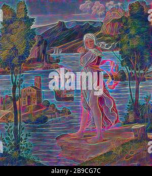 Femme debout au bord de l'eau, femme debout sur une projection au bord de l'eau. Une femme se tient avec des mains repliées sur la rive d'une eau, un navire fait de la voile à distance. Sur la gauche une maison sur une île. Autrefois interprétée comme une représentation d'Ariadne sur Naxos, figure debout - AA - figurine humaine féminine, côte rocheuse, voilier, bateau à voile, Girolamo dai Libri (attribuée à), 1510 - 1530, panneau, peinture à l'huile (peinture), h 130,5 cm × W 119 cm d 7 cm, repensée par Gibon, conception d'un brillant chaleureux et joyeux de la luminosité et des rayons de lumière radiance. L'art classique réinventé avec une touche moderne. Banque D'Images
