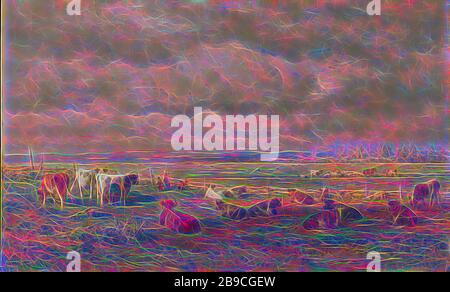 Paysage de prairie avec bétail Paysage de pâturage avec bétail, paysage de pâturage avec vaches. Sur la gauche, un fermier traite une vache, à côté de lui sont un joug et un seau. Une femme avec un joug sur les épaules et deux enfants franchit une clôture, une vache, Willem Roelofs (I), c. 1880, panneau, peinture à l'huile (peinture), h 49,2 cm × W 77,3 cm h 83 cm × W 113 cm × d 13 cm, repensé par Gibon, design de brillant gai chaud de luminosité et de rayons lumineux radiance. L'art classique réinventé avec une touche moderne. La photographie inspirée du futurisme, qui embrasse l'énergie dynamique de la technologie moderne, du mouvement, de la vitesse et révolutionne le culte Banque D'Images