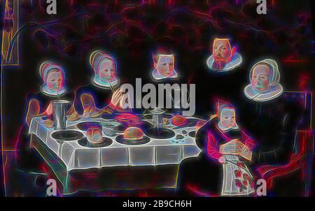La prospérité de la famille calviniste, Portrait de famille, portrait de famille d'un couple avec quatre enfants assis à une table de jeu. Sur la table sont des assiettes avec le pain, volailles rôties, une cruche de vin et d'un baril de sel. Les deux filles sur la gauche ont leurs mains jointes en prière. À droite est la plus jeune enfant avec une branche de cerises dans les genoux de sa mère. Le mur du fond est occupé par une culture de la vigne à travers la fenêtre de gauche, historique des personnes non connues de nom, historique anonyme personnes représentées dans un groupe, dans un groupe-portrait, famille (repas), la prière à table, disant grace, anonyme, dans le Nord de l'Neth Banque D'Images