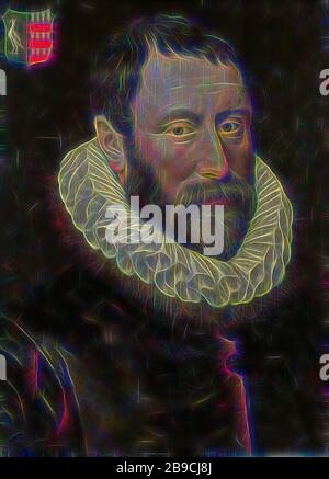 Portrait de Jacob Bas Claesz (1536-1589), Portrait de Jacob Bas Claesz, maire d'Amsterdam, à l'âge de 50 ans. Buste à droite, en haut à gauche l'écusson de la famille., Adriaen Thomasz. Key, 1586, panneau, peinture à l'huile (peinture), h 48,5 cm × W 35,5 cm, repensé par Gibon, design de gai gai chaud de luminosité et de rayons de lumière radiance. L'art classique réinventé avec une touche moderne. La photographie inspirée du futurisme, qui embrasse l'énergie dynamique de la technologie moderne, du mouvement, de la vitesse et révolutionne la culture. Banque D'Images