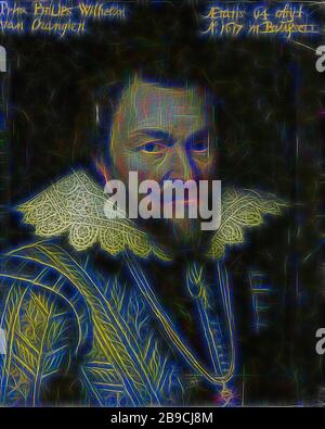 Portrait du Prince Philip William d'Orange, Portrait de Philips Willem (1554-1618), Prince d'Orange. Buste à droite. Fait partie de la série de portraits du Stadhouderlijk Hof à Leeuwarden, Philip Willem (Prince of Orange), Michiel Jansz van Mierevelt (atelier de), c. 1609 - c. 1633, panneau, peinture à l'huile (peinture), support : h 29,8 cm × W 24,1 cm t 0,9, d 3,0, repensé par Gibon, design de brillant gai chaud de luminosité et de rayons de lumière radiance. L'art classique réinventé avec une touche moderne. La photographie inspirée du futurisme, embrassant l'énergie dynamique de la technologie moderne, du mouvement, de la vitesse et Banque D'Images