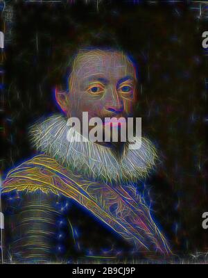 Portrait de William, comte de Nassau-Siegen, Portrait de Willem (1592-1642), comte de Nassau-Siegen. Buste à droite, en armure. Copie après une peinture de Michiel Jansz. Van Mierevelt. Partie de la série de portraits de la maison Honselaarsdijk, Jan Antonisz van Ravesteyn (atelier de), c. 1620 - c. 1630, panneau, peinture à l'huile (peinture), support : h 30,3 cm × l 24,8 cm t 1,3 cm d 2,0 cm, repensé par Gibon, design de brillant gai chaud de luminosité et de rayonnement de rayons lumineux. L'art classique réinventé avec une touche moderne. La photographie inspirée du futurisme, embrassant l'énergie dynamique du technolog moderne Banque D'Images