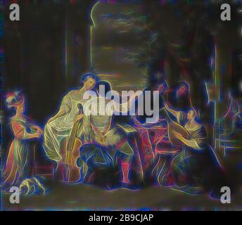Une compagnie musicale, compagnie de musique sur une terrasse. Sur la droite, une femme joue un luth, derrière la table un homme avec un violon, sur la gauche une femme avec un violoncelle par un homme assis qui lève un verre. La musique de fond est sur la table. Autrefois considéré comme le fils perdu., Melchior Brassauw, 1730 - 1757, panneau, peinture à l'huile (peinture), h 58,5 cm × W 67,5 cm d 9 cm, réinventé par Gibon, design de gaie chaleureuse de luminosité et de rayons de lumière radiance. L'art classique réinventé avec une touche moderne. La photographie inspirée du futurisme, qui embrasse l'énergie dynamique de la technologie moderne, du mouvement, de la vitesse et révolutionne le cul Banque D'Images