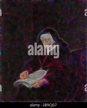 Vieille femme méditant, une vieille femme lit tout en étant assise dans une chaise d'un livre. Elle utilise des lunettes dans sa main droite pour lire le texte, la vieille femme, la lecture, les lunettes, les lunettes, le livre - MM - livre ouvert, Gabriel Metsu, c. 1661 - c. 1663, panneau, peinture à l'huile (peinture), h 27,3 cm × W 23,2 cm, repensé par Gibon, design de brillant gai chaud de luminosité et de rayons de lumière radiance. L'art classique réinventé avec une touche moderne. La photographie inspirée du futurisme, qui embrasse l'énergie dynamique de la technologie moderne, du mouvement, de la vitesse et révolutionne la culture. Banque D'Images