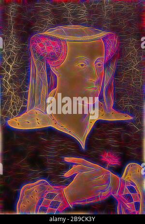 Jacoba de Bavière (1401-1436), comtesse de Hollande et de Zélande, Portrait de Jacoba van Beieren (1401-36), comtesse de Hollande et de Zélande. Buste à droite avec une carnation en main. Copie du dix-neuvième siècle après l'original de CA. 1435, Jacoba van Beieren (Comtesse de Hollande, Zélande et Hainaut), Pieter Willem Sebes, Pays-Bas du Nord, 1879 et/ou c. 1435, panneau, peinture à l'huile (peinture), support : h 65 cm × W 44,5 cm t 2,0 cm d 6,8 cm, repensé par Gibon, design de brillant gai chaud de luminosité et de rayons de lumière radiance. L'art classique réinventé avec une touche moderne. La photographie s'inspire Banque D'Images