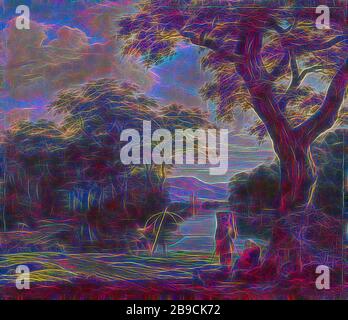 Paysage avec Fisherman avec un filet carré, paysage avec pêcheur avec filet croisé. Dans un étang de la forêt, un pêcheur est sorti de l'eau. Au premier plan un pédalier avec une femme assise sous un grand arbre., Joris van der Haagen, 1645 - 1669, toile, peinture à l'huile (peinture), h 48 cm × W 55,5 cm d 8,7 cm, repensé par Gibon, design de glanissement chaud et gai de la luminosité et des rayons de lumière radiance. L'art classique réinventé avec une touche moderne. La photographie inspirée du futurisme, qui embrasse l'énergie dynamique de la technologie moderne, du mouvement, de la vitesse et révolutionne la culture. Banque D'Images