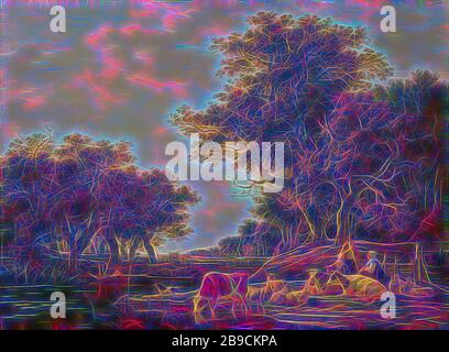 Paysage avec les paysans avec leur bétail et les pêcheurs sur l'eau, paysage avec un berger discutant avec deux milkmaid, les vaches et la banque de moutons d'une flaque. Sur le côté droit d'une clôture se trouvent des bidons de lait et des seaux. Sur la gauche, deux hommes avec des cannes à pêche dans un bateau à ramer. Dans l'arrière-plan de grands arbres. La peinture est également connue sous le nom de "Van Strij's wand"., Jacob van Strij, 1800 - 1810, panneau, peinture à l'huile (peinture), h 69 cm × W 91 cm d 9.9 cm, réinventé par Gibon, design de gai gai chaud de luminosité et rayons de lumière radiance. L'art classique réinventé avec une touche moderne. Photographie in Banque D'Images