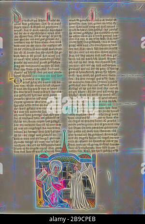 L'Annonciation de la mort de la Vierge, Regensburg, Bavière, Allemagne, vers 1400 - 1410, couleurs de Tempera, or, peinture d'argent, et encre sur parchemin, feuille: 33,5 x 23,5 cm (13 3,16 x 9 1,4 po, repensée par Gibon, design de glanissement chaleureux et de rayons de lumière. L'art classique réinventé avec une touche moderne. La photographie inspirée du futurisme, qui embrasse l'énergie dynamique de la technologie moderne, du mouvement, de la vitesse et révolutionne la culture. Banque D'Images