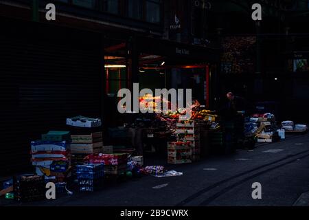 Marché de l'arrondissement, Londres, Royaume-Uni. 24 mars 2020. Un jardinier solitaire ouvre ses portes à 6 h 30 dans le marché Borough, à Londres. Ce marché est normalement occupé avec des porteurs de décrochage s'ouvrant à ce moment-là. Cependant, le premier jour du verrouillage dû à Coronavirus annoncé par Boris Johnson, c'était l'un des seuls stands ouverts. Crédit: Tom Leighton/Alay Live News Banque D'Images