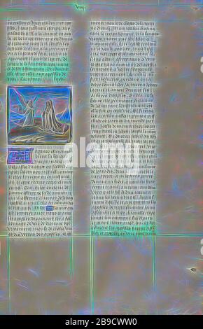 L'Annonciation de la mort de la Vierge, Gand, Belgique, vers 1475, couleurs de Tempera, feuille d'or, et peinture d'or sur parchemin, feuille: 43,8 x 30,5 cm (17 1,4 x 12 po, réimaginée par Gibon, design de glanissement chaleureux et gai de lumière radiance. L'art classique réinventé avec une touche moderne. La photographie inspirée du futurisme, qui embrasse l'énergie dynamique de la technologie moderne, du mouvement, de la vitesse et révolutionne la culture. Banque D'Images