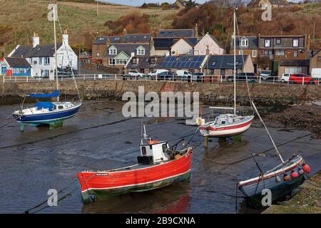 Bateaux de pêche en bois et bateaux à voile amarrés dans le petit port intérieur de Gourdon à Low Tide, le matin lumineux de mars. Banque D'Images