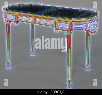 Table d'écriture (bureau plat), par Martin Carlin (français, Allemagne née vers 1730 - 1785 (maître 1766)), au moins sept plaques dorées par Jean-Baptiste-Emmanuel Vandé (français, 1716 - 1779), fabrique de Sèvres (français, 1756 - présent), Paris, France, vers 1778, Chêne avec tulipwood et set avec 14 plaques en porcelaine à pâte souple avec bleu céste couleur du sol, décoration en émail polychrome, dorures, set avec supports en bronze doré, dessus en cuir moderne, 77,5 x 131,1 x 61,9 cm (30 1,2 x 51 5,8 x 24 3,8 po, repensé par Gibon, conception d'un brillant chaleureux et joyeux de la luminosité et des rayons de lumière radiance. CL Banque D'Images