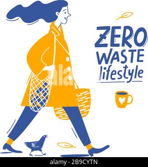 ECO style de vie conception de vecteur de motivation avec zéro gaspillage de texte une femme Illustration de Vecteur