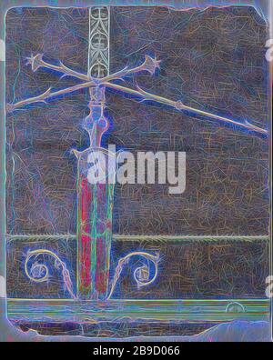 Décoration murale avec motifs architecturaux sur le sol noir, Boscoreale, Italie, environ 70, Fresco, 75 x 60 cm (29 1,2 x 23 5,8 po, repensée par Gibon, design de brillant chaleureux de luminosité et de rayonnement de lumière. L'art classique réinventé avec une touche moderne. La photographie inspirée du futurisme, qui embrasse l'énergie dynamique de la technologie moderne, du mouvement, de la vitesse et révolutionne la culture. Banque D'Images