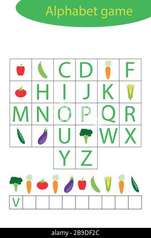 Légumes jeu d'alphabet pour les enfants, faire un mot, activité de feuille de travail maternelle pour les enfants, jeu d'orthographe éducatif pour le développement de Illustration de Vecteur