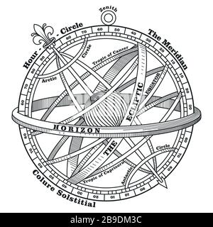 Appareil de navigation vintage, sphère armillaire, illustration dessinée à la main vintage Illustration de Vecteur