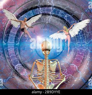 Squelette en position du lotus s'assied avant d'espaces sans fin. Banque D'Images