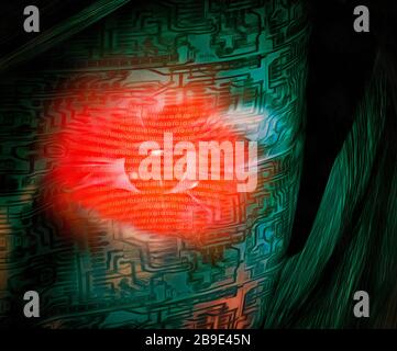 Le surréalisme. L'oeil numérique rouge de droid femme. Banque D'Images