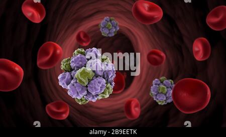 Image conceptuelle du norovirus avec globules rouges. Banque D'Images