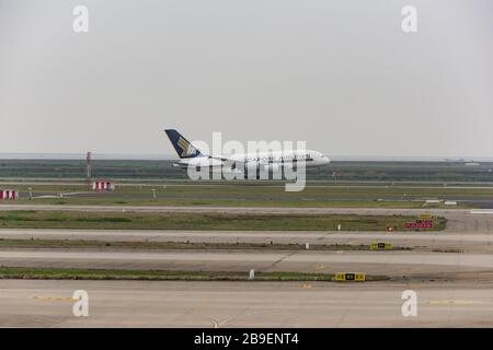 Shanghai, Chine - 14 mai 2019 : tablier de maintien de l'aéroport international de Shanghai Pudong, un Airbus A 380-800 exploité par Singapore Airlines atterrit. Banque D'Images