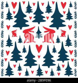 Joyeux Noël art folklorique carrelage carré. Lires dans la forêt. Image miroir. Rouge et bleu foncé. Style scandinave avec lapins et sapins. Folklore Illustration de Vecteur