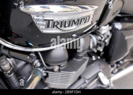 Bordeaux , Aquitaine / France - 10 10 2019 : logo Triumph sur panneau moto bonneville noir Banque D'Images