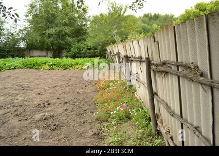 Clôture dans le jardin du village avec fruits et légumes maison. Ferme pour la culture agricole. Banque D'Images