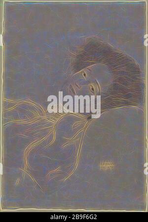 Portrait d'une jeune femme Reclining, Gustav Klimt (autrichien, 1862 - 1918), Autriche, 1897 - 1898, craie noire, 45,5 x 31,5 cm (17 15,16 x 12 3,8 po, réinventé par Gibon, design de glanissement chaleureux et gai de la luminosité et des rayons de lumière radiance. L'art classique réinventé avec une touche moderne. La photographie inspirée du futurisme, qui embrasse l'énergie dynamique de la technologie moderne, du mouvement, de la vitesse et révolutionne la culture. Banque D'Images