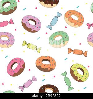 dessin animé stylisé délicieux beignets à la bouche, à la décoration sucrée et aux bonbons, à la couleur vectorielle transparente sur fond blanc. Illustration de Vecteur