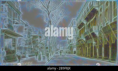 Terrasse de l'Hôtel Shepherd, Basse Egypte Janvier 1906, albums de voyage de Paul Fleury en Suisse, au Moyen-Orient, en Inde, en Asie et en Amérique du Sud, Albumen, 1906, titre de la légende écrite sur la photographie. Scène de rue devant Shepherd's Hotel, Alexandria, Egypte, repensée par Gibon, design de gai gai chaleureux de luminosité et de rayons de lumière radiance. L'art classique réinventé avec une touche moderne. La photographie inspirée du futurisme, qui embrasse l'énergie dynamique de la technologie moderne, du mouvement, de la vitesse et révolutionne la culture. Banque D'Images