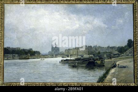 LA VILLE DE L'ÎLE ET LE PONT DE L'ÎLE SAINT-LOUIS OFFRENT UNE VUE SUR AUSTERLITZ STANISLAS LEPINE (1835-1892). 'L'île de la Cité et l'île Saint-Louis gues du pont d'Austerlitz'. Huile sur étoile. Paris, musée Carnavalet. Banque D'Images