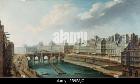 LOUVRE, LE PONT NEUF ET LE QUAI DE GOLDSMITH, AYANT UN GRAND QUAI-AUGUSTINS NICOLAS-JEAN-BAPTISTE RAGUENET (1715-1793). 'Le Louvre, le Pont-neuf et le quai des Orfèvres, vu du quai des Grands-Augustins'. Huile sur étoile. Paris, musée Carnavalet. Banque D'Images