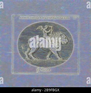 Amore Con la Lira Sorrail Leone: À Cameo, le gemme antiche figurine, Agostini, Leonardo, 1593-CA. 1670, Bellori, Giovanni Pietro, 1615?-1696., Bussotti, Giovanni Battista, Galestruzzi, Giovanni Battista, 1615?-1669, Etching, 1686, Etching. Plaque 55 du vol. 2, réinventée par Gibon, design de glanissement chaud et gai de la luminosité et des rayons de lumière radiance. L'art classique réinventé avec une touche moderne. La photographie inspirée du futurisme, qui embrasse l'énergie dynamique de la technologie moderne, du mouvement, de la vitesse et révolutionne la culture. Banque D'Images