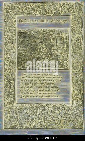 Descripcion du lieu du songe, la métamorphose d'Ovide figvree, Ovid, 43 B.C.-17 ou 18 A.D., Salomon, Bernard, CA. 1506-ca. 1561, Woodcut, noir et blanc, 1557, illustration de Woodcut attribuée à Bernard Salomon et 8 lignes de vers en italique dans une bordure grotesque, repensée par Gibon, conception de gaieté chaleureuse et gaie de luminosité et de rayonnement de lumière. L'art classique réinventé avec une touche moderne. La photographie inspirée du futurisme, qui embrasse l'énergie dynamique de la technologie moderne, du mouvement, de la vitesse et révolutionne la culture. Banque D'Images