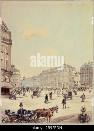 Vue sur la place de l'Opéra depuis la rue Halevy, les 2 et 9 quartiers actuels d'Anonyme. La place de l'Opéra, vue de la rue Halévy, actuels 2ème et 9ème arrondissements. Pierre Noire et crayons de couleur, 1890-1900. Paris, musée Carnavalet. Banque D'Images