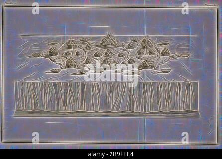 Service de campagne, le cannameliste français, ou, Nouvelle instruction pour ceux qui desirent d'apprendre l'office : rédige en forme de dictionnaire : enrichi de planches en taille-douce, Dupuis, Nicolas Gabriel, 1698-1771, François, Jean, Charles, 1717-1769, le Sieur Gilliers, d. 1758, gravure, 1751, la plaque est d'un dictionnaire écrit par un confiseur, qui a servi à la cour de Lorraine à Stanislaw I, ancien roi de Pologne. La table mise avec pyramides de fruits dans wiccurbaskets et parterres ou plateaux en bois est présenté dans une configuration symétrique, illustrant les recommandations des Gilliers Banque D'Images