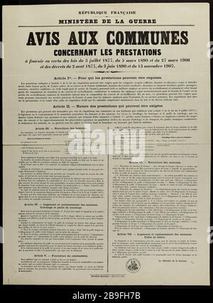MINISTÈRE DE LA GUERRE DE LA RÉPUBLIQUE FRANÇAISE AVIS COMMUN CONCERNANT LES PRESTATIONS requises en vertu de la loi du 3 juillet 1877 du 5 mars 1890 et du 27 mars 1906 imprimerie nationale. République française. ministère de la Guerre. 'Avis aux communes concernant les préstations à faire en vertu des lois du 3 juillet 1877, du 5 mars 1890 et du 27 mars 1906'. Typographie. 1914. Paris, musée Carnavalet. Banque D'Images