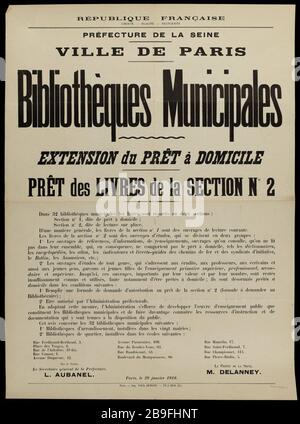 RÉPUBLIQUE FRANÇAISE, LIBERTÉ - ÉGALITÉ - FRATERNITÉ, Préfecture SEINE, PARIS VILLE, Bibliothèques municipales, EXTENSION DU PRÊT HOME LIVRES PRÊTS de LA SECTION No 2 Guerre 1914-1918. Politique de l'affiche. Information du 29 janvier 1916 de la Préfecture de la Seine imprimerie Paul Dupont. République française (liberté - Egalité - Fraternité), PRÉFECTURE DE la SEINE, VILLE DE PARIS, bibliothiques municipales, EXTENSION DU PRET UN DOMICILE, PRET des VIES de la SECTION N° 2. Typographie. 1916. Paris, musée Carnavalet. Banque D'Images