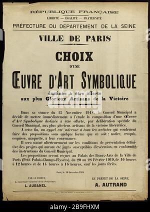 RÉPUBLIQUE FRANÇAISE, LIBERTÉ - ÉGALITÉ - FRATERNITÉ, DÉPARTEMENT-préfecture DE SEINE, VILLE DE PARIS, CHOIX D'UNE ŒUVRE D'ART SYMBOLIQUE à offrir à la victoire la plus glorieuse Artisans Guerre 1914-1918. Fiche politique du 30 décembre 1918 de la Préfecture du département de la Seine concernant le choix d'une oeuvre d'art symbolisant la destination à être offrante aux plus glorieux artisans de la Victoire. Imprimerie Paul Dupont. Typographie, 1918. Paris, musée Carnavalet. Mprimerie Paul Dupont. République française (liberté - Egalité - Fraternité), Préfecture du département de la Seine, VILLE DE PARIS Banque D'Images