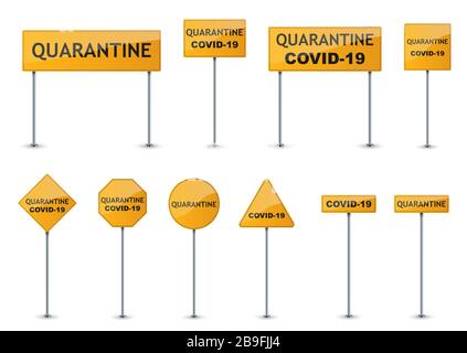 Signes de quarantaine définis. Signes de danger de coronavirus. Panneau de signalisation Covid-19 isolé. Illustration vectorielle. Illustration de Vecteur