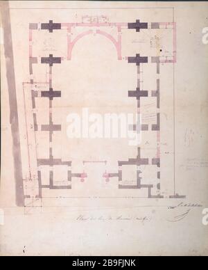 Plan du rez-de-chaussée a changé le Temple de la Rédemption (église protestante), 16, rue Chauchat, neuvième arrondissement. François Christian ou François Chrétien Gau (1790-1853). Plan du rez-de-chaussée modifié du Temple de la Rédemption (église protestante), 16, rue Chauchat, IXème arrondissement. Panache, encre brune, crayon, lavis rose et gris sur papier blanc, 1842. Paris, musée Carnavalet. Banque D'Images