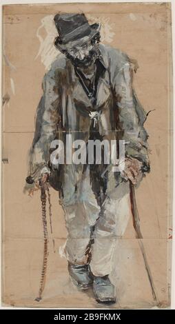 Beggar se penchant sur deux cannes Banque D'Images